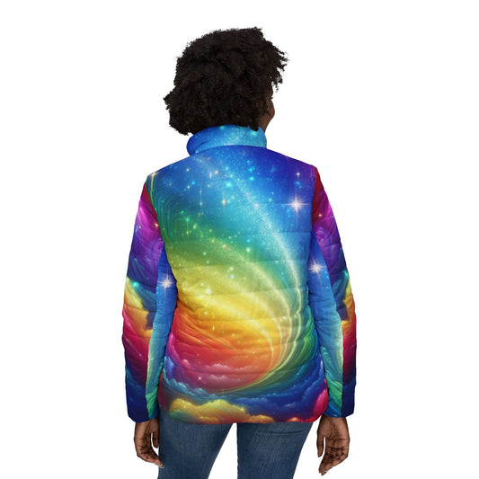 Women’s Rainbow Galaxy Puffer Jacket — Colorful Swirl All-Over Print