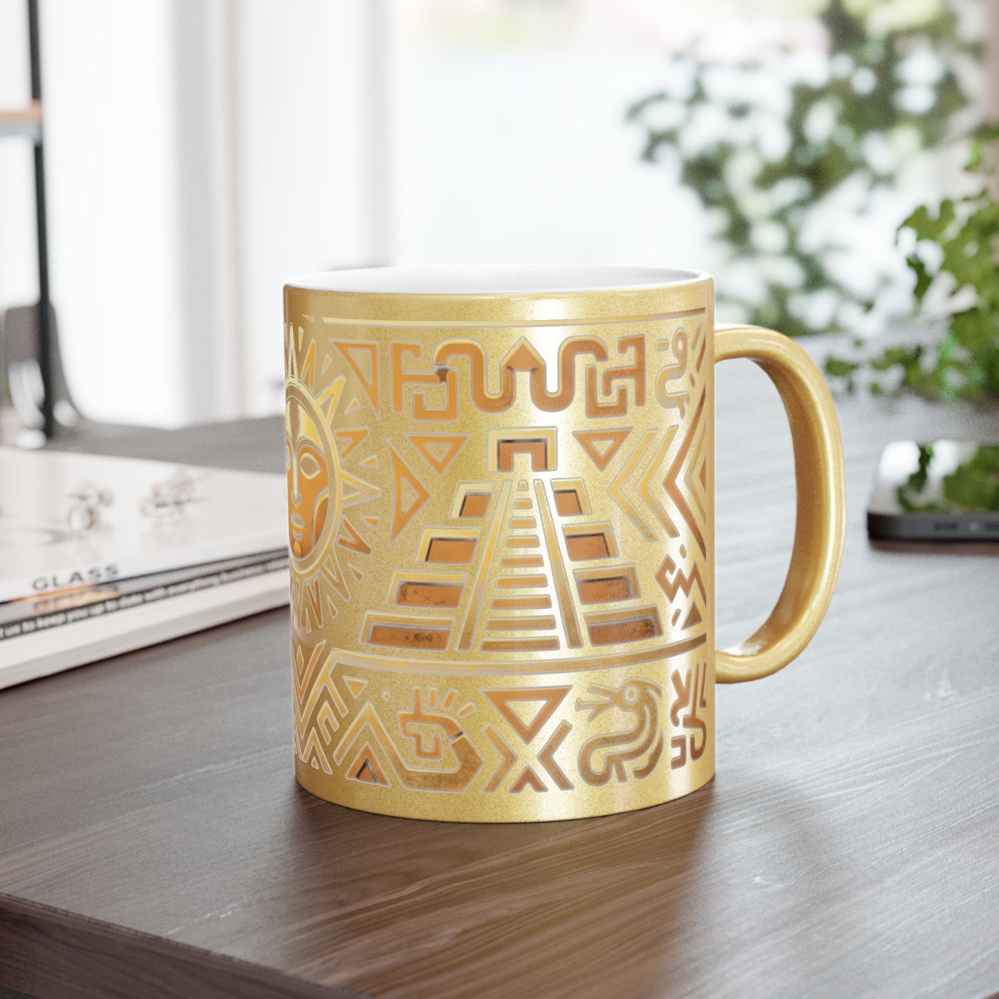 Aztec Sun Metallic Mug — Gold & Silver Tribal Ceramic Coffee Cup