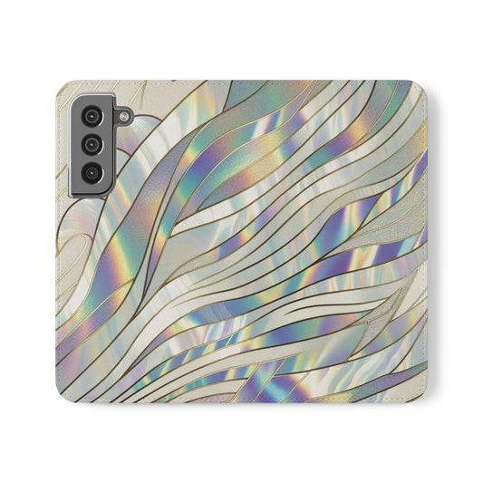 Holographic Wave Flip Phone Case — Iridescent Marble Wallet Cover