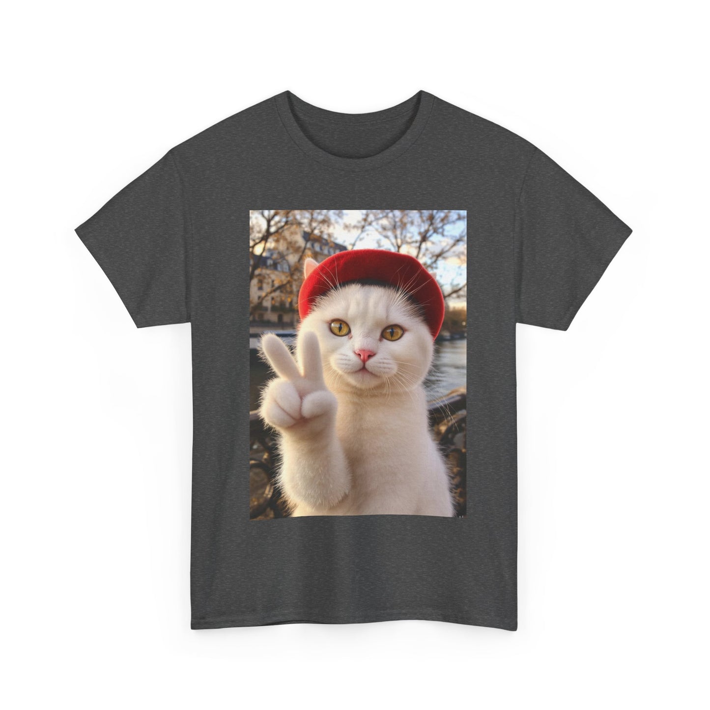 Playful Cat Peace Tee - Unisex Heavy Cotton Shirt, Cute Cat T-Shirt, Animal Lover Gift, Fun Graphic Tee, Unique Cat Gift