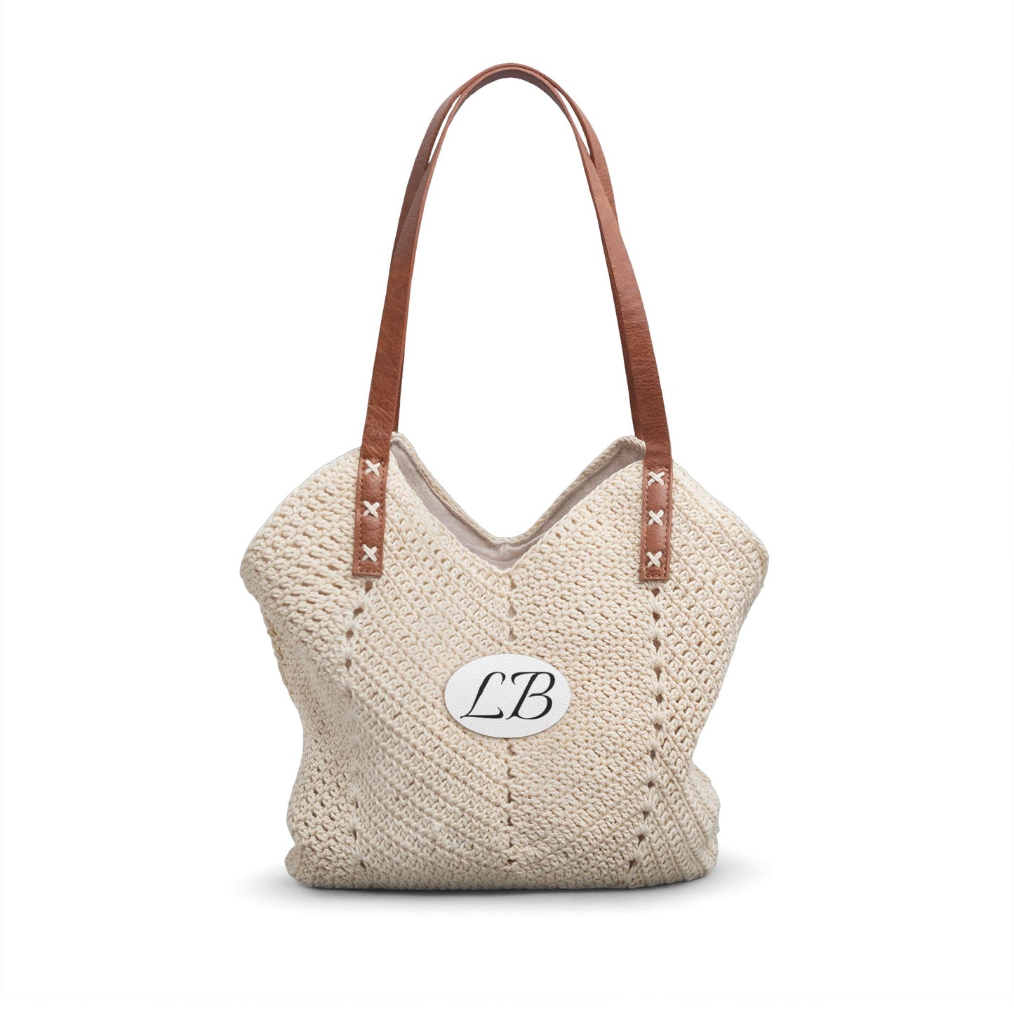 Straw Shoulder Bag — Boho Crochet Tote with Leather Straps (Monogram Option)