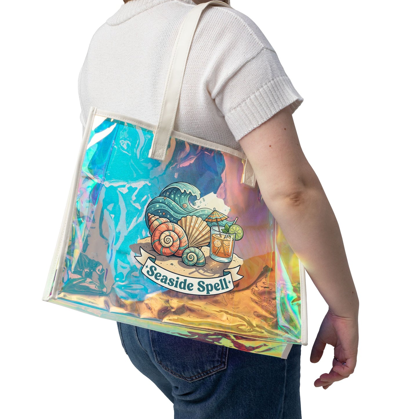 Holographic Beach Tote Bag — 'Seaside Spell' Iridescent Shopper