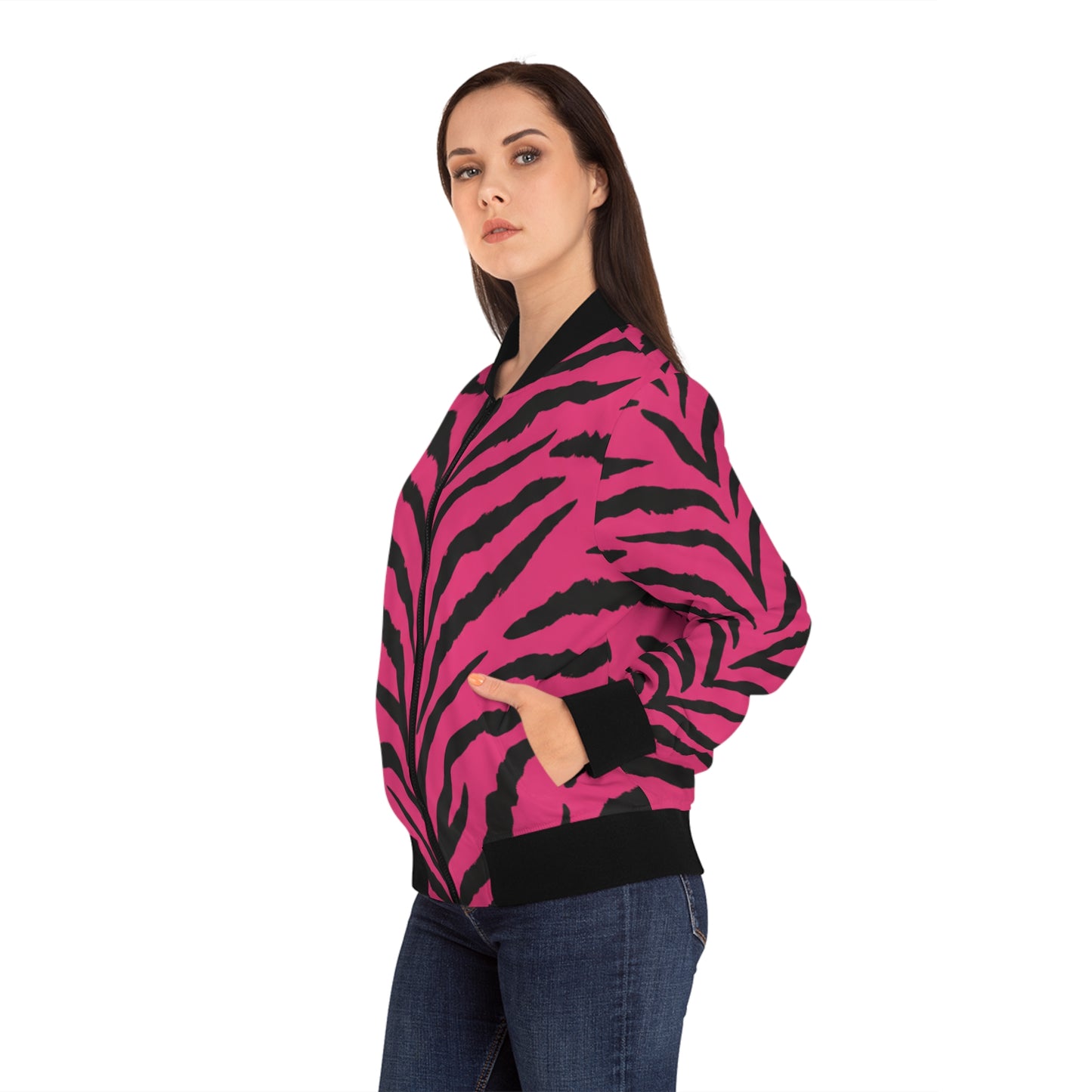 Pink Tiger Stripe Bomber Jacket — Women's Printed Animal-Print AOP Jacket
