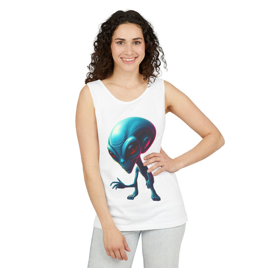 Alien Graphic Tank Top — Neon Blue Extraterrestrial Illustration