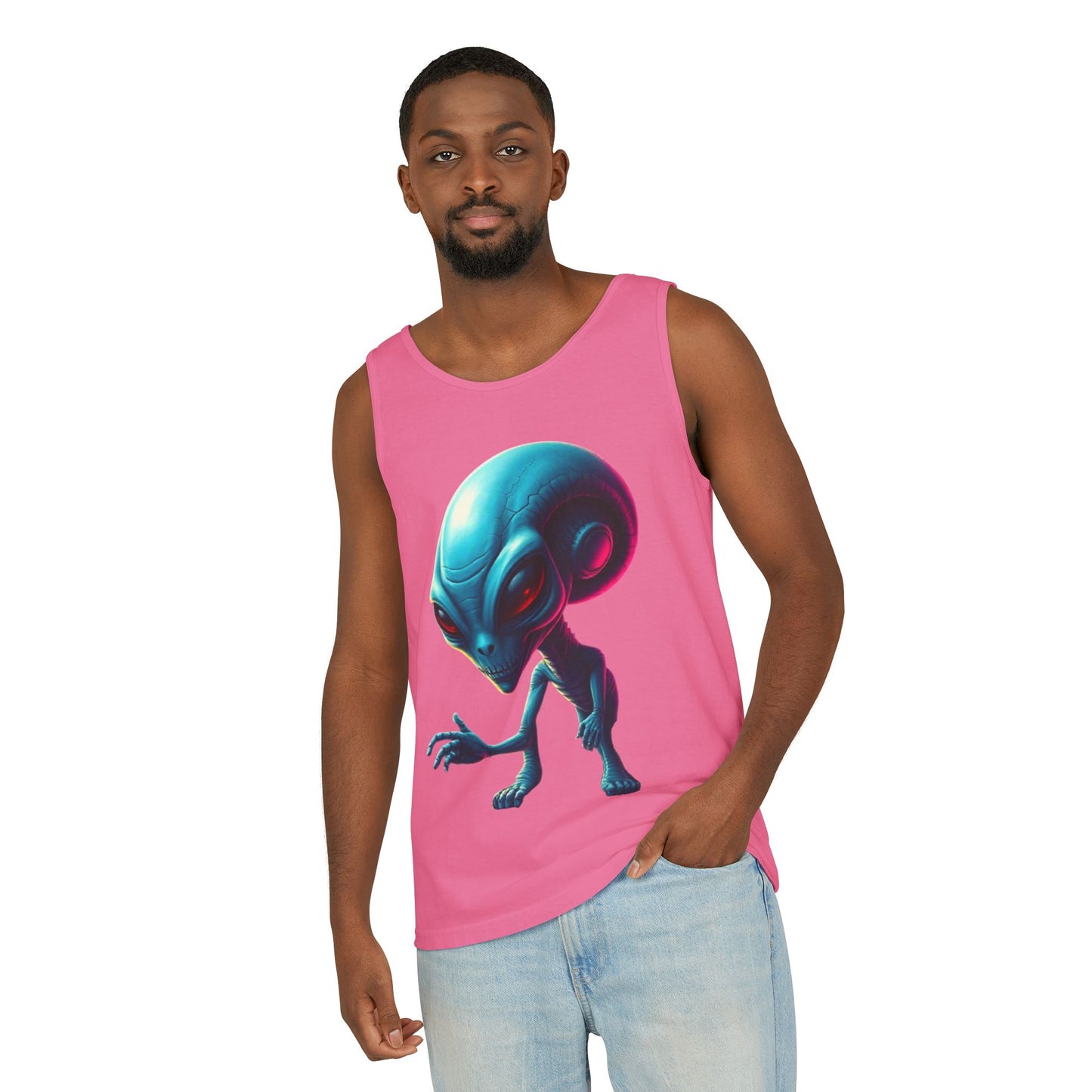 Alien Graphic Tank Top — Neon Blue Extraterrestrial Illustration