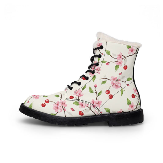 Floral Cherry Fur-Lined Leather Boots — Women's Cozy Winter Lace-Up