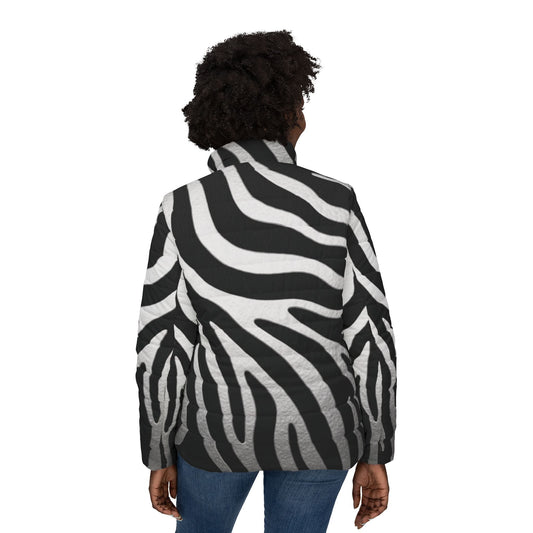 Zebra Print Women's Puffer Jacket – Bold Black & White Winter Coat