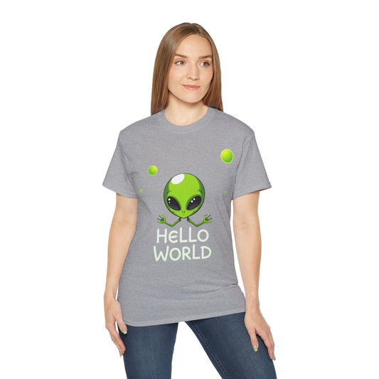 Alien Graphic Tee – "Hello World" Cute Green Alien T‑Shirt