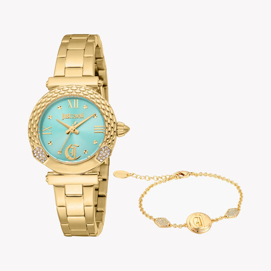 Just Cavalli Women's Gold Watch, Turquoise Dial | Jc1l332m0065