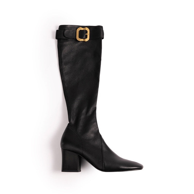 Damen-Stiefel mit 7-cm-Blockabsatz und goldener Schnalle