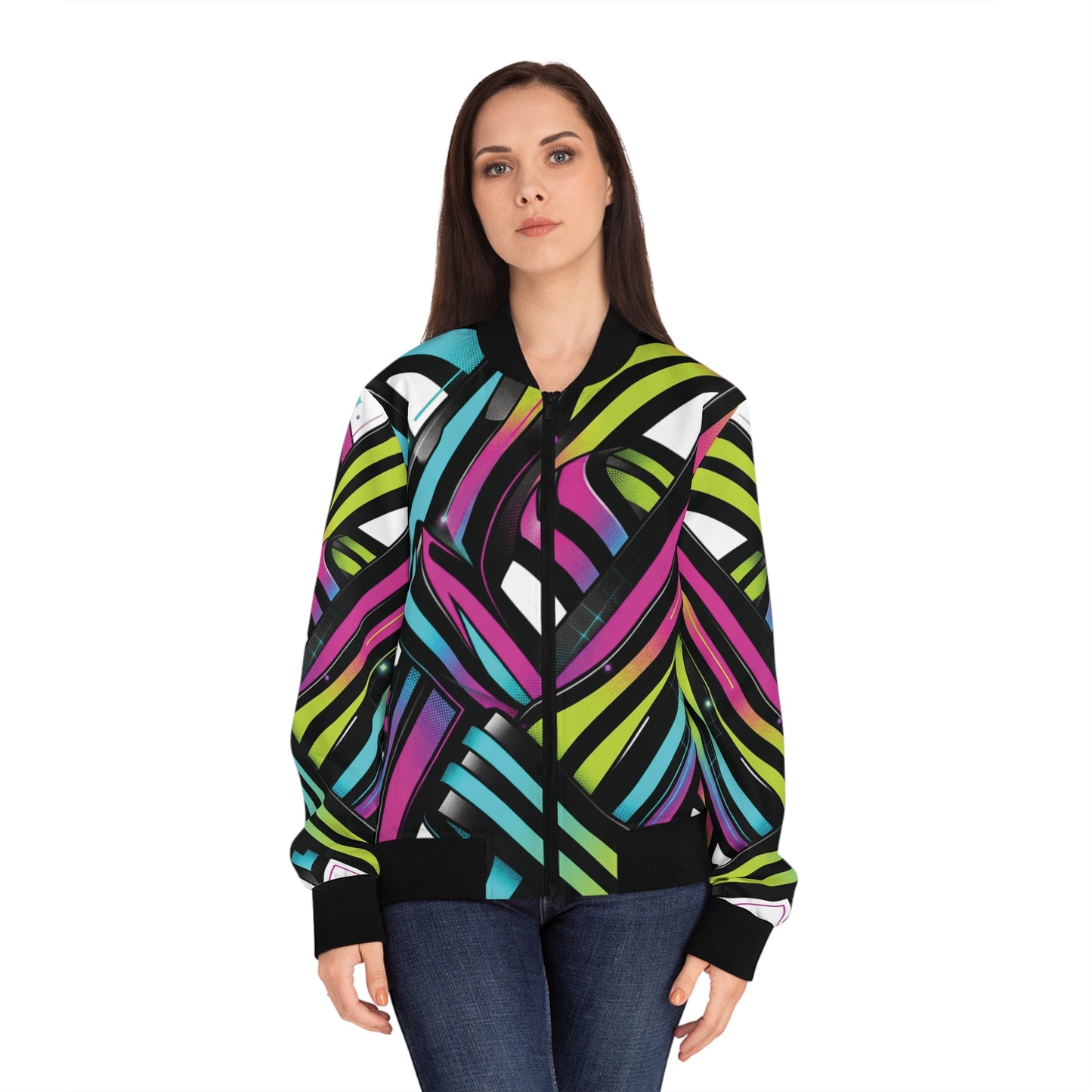 Neon Ribbon Women’s Bomber Jacket — Abstract Graffiti AOP