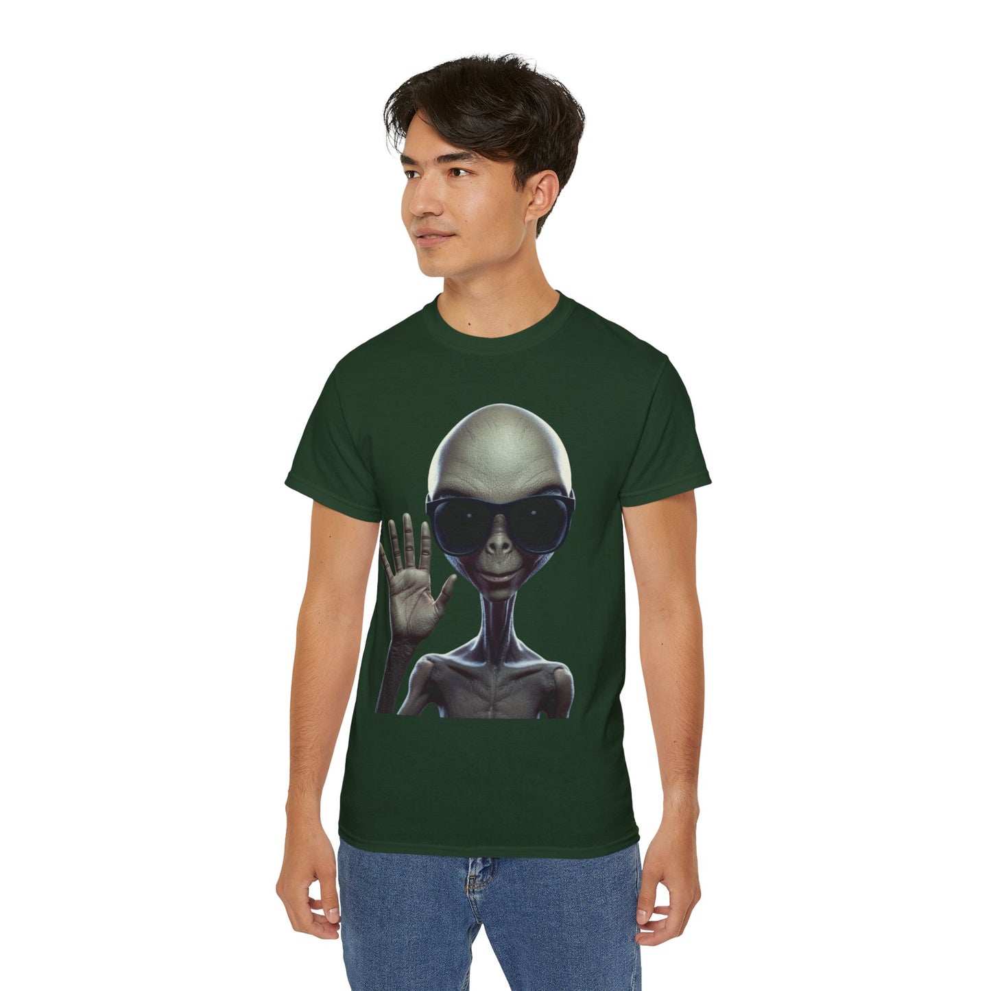 Alien Greeting T-Shirt — Retro Grey Extraterrestrial Waving Graphic Tee