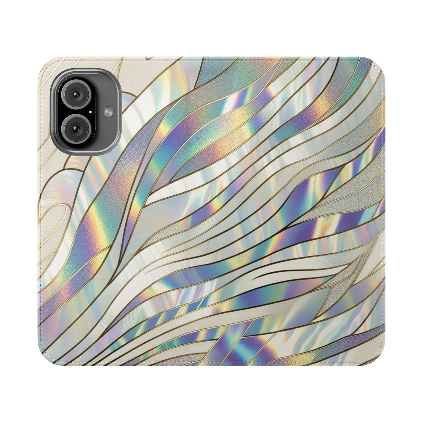 Holographic Wave Flip Phone Case — Iridescent Marble Wallet Cover