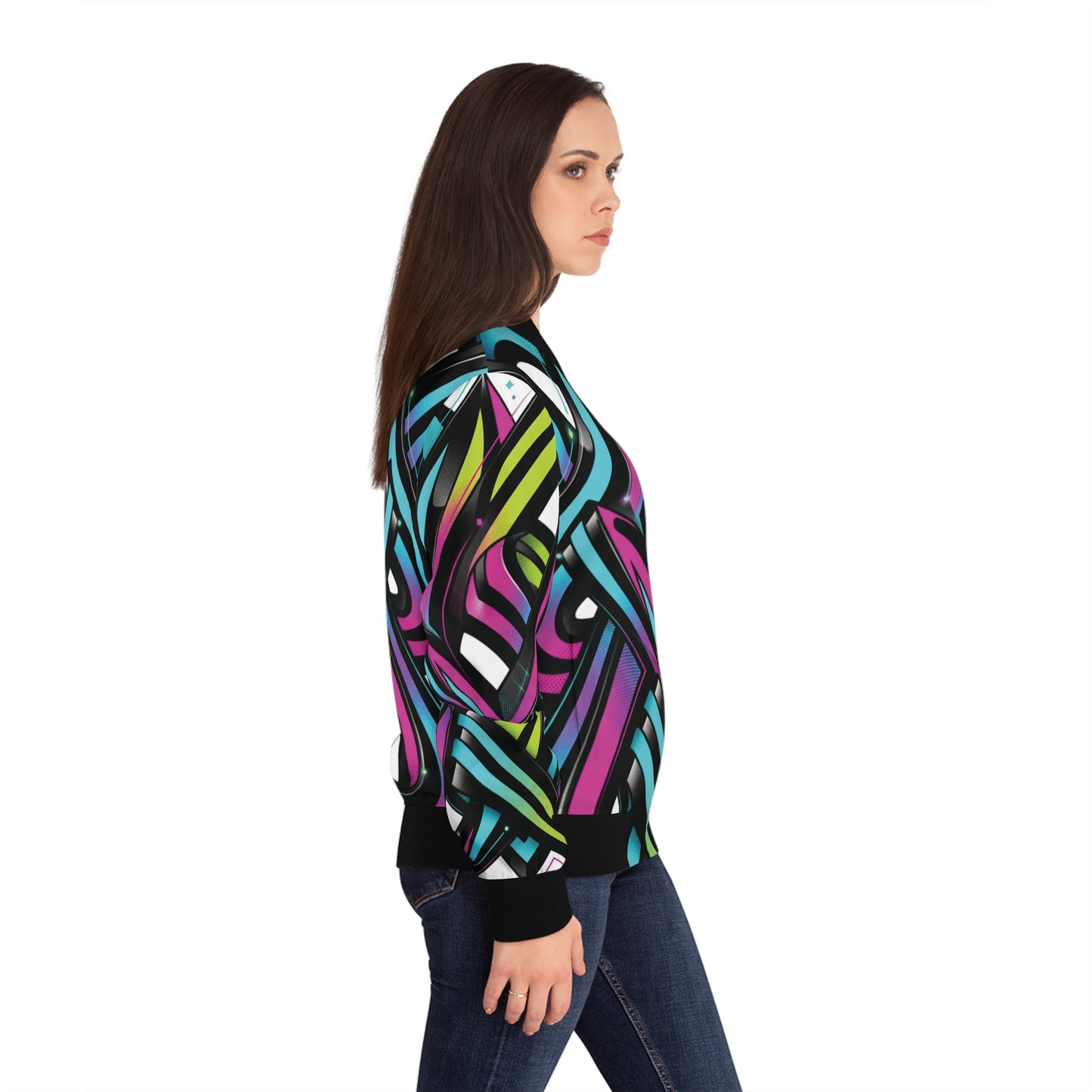 Neon Ribbon Women’s Bomber Jacket — Abstract Graffiti AOP