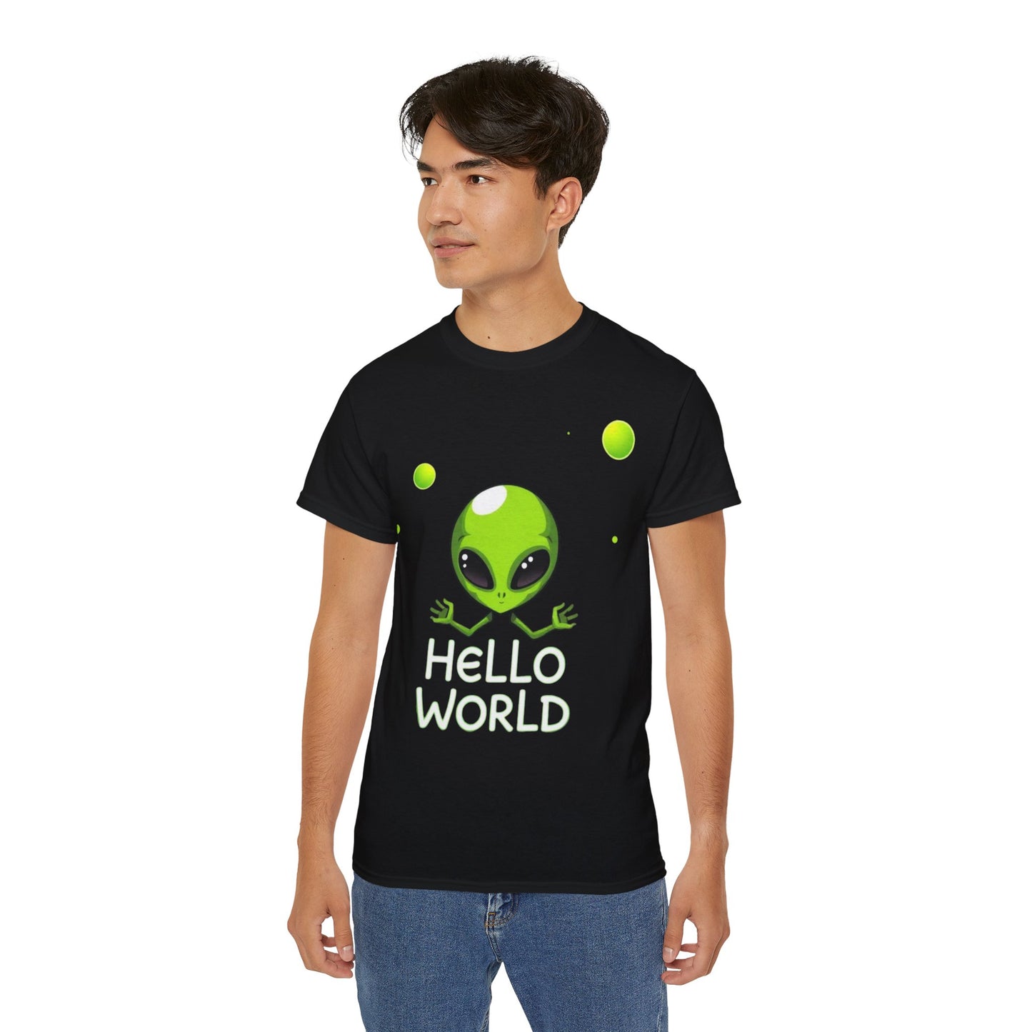 Alien Graphic Tee – "Hello World" Cute Green Alien T‑Shirt