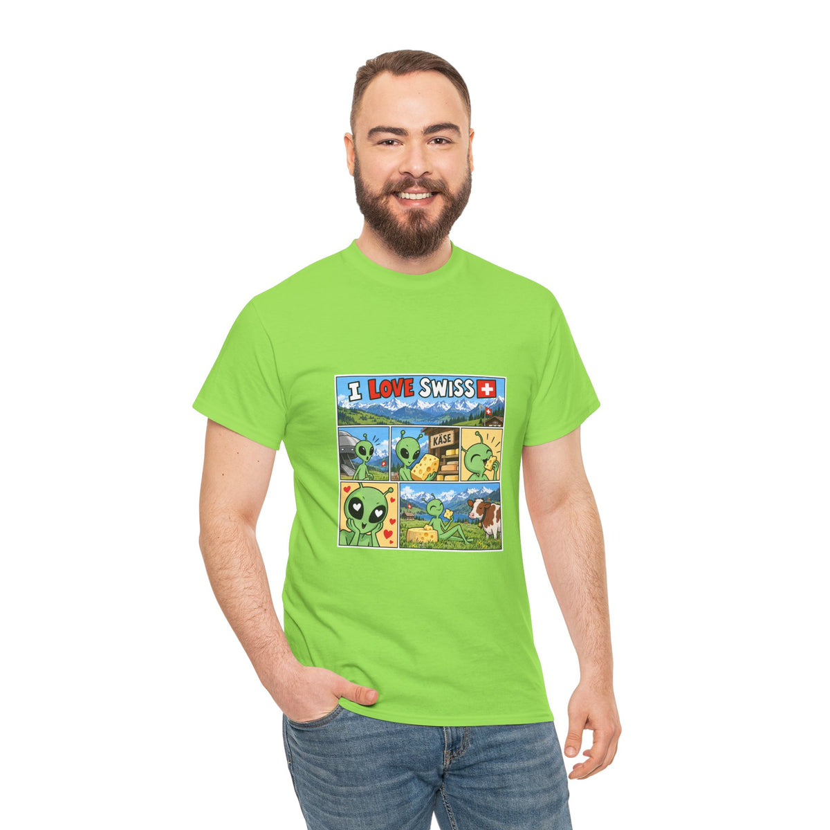 Swiss Comic T-Shirt mit Alien & Kuh – Schweiz Souvenir