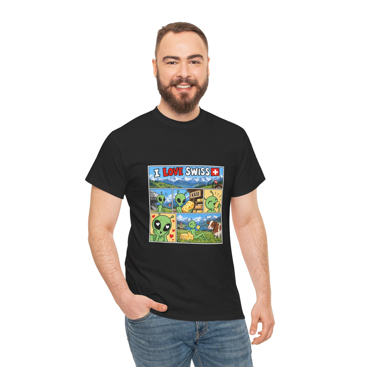 Swiss Comic T-Shirt mit Alien & Kuh – Schweiz Souvenir