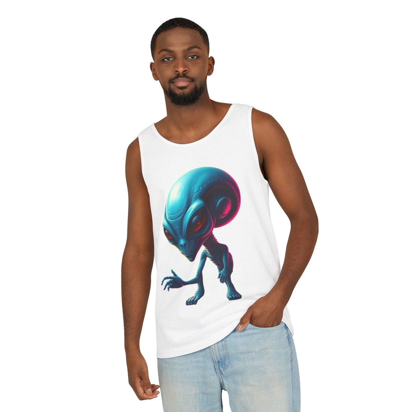 Alien Graphic Tank Top — Neon Blue Extraterrestrial Illustration