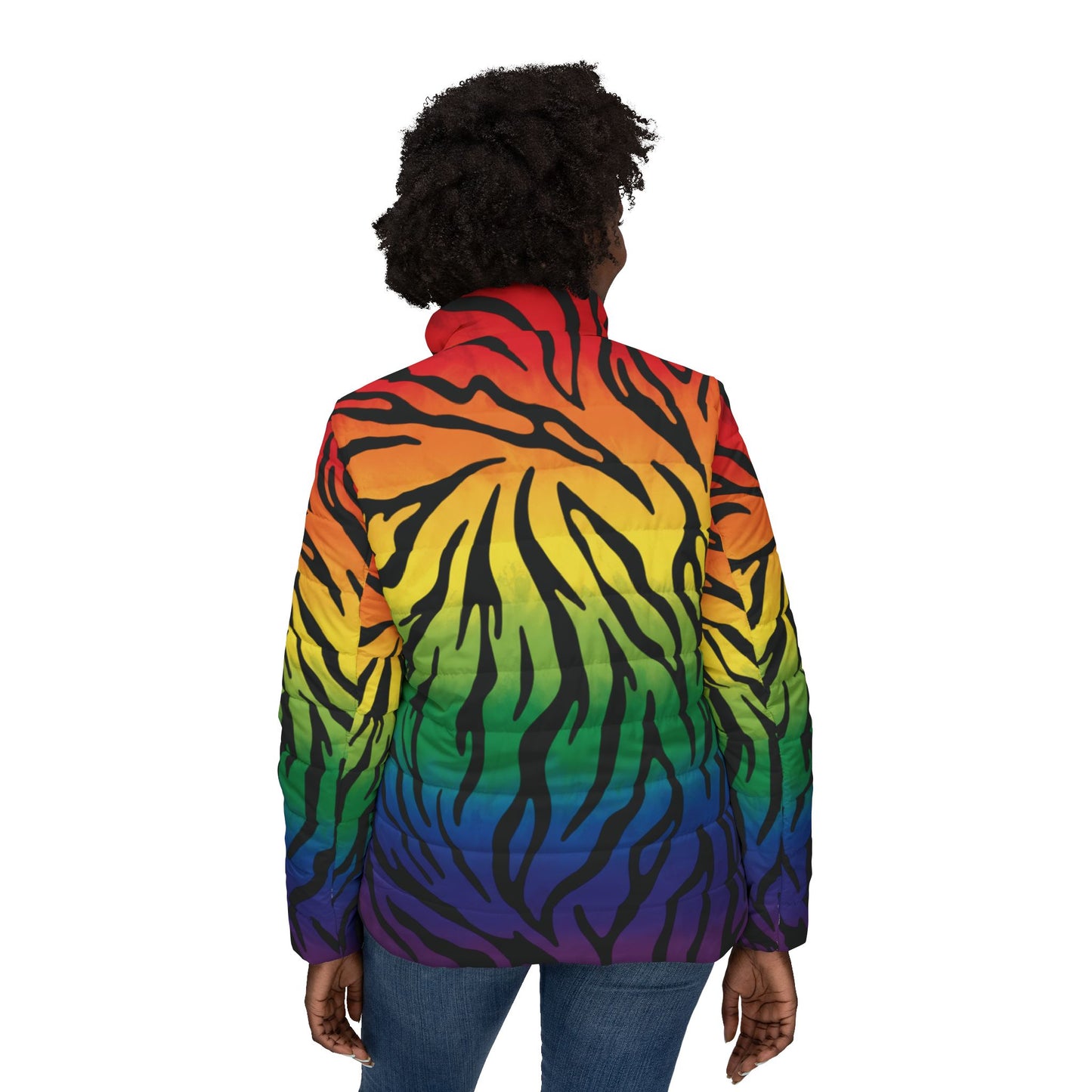 Rainbow Zebra Puffer Jacket — Bold Ombre Animal Print Women’s Coat