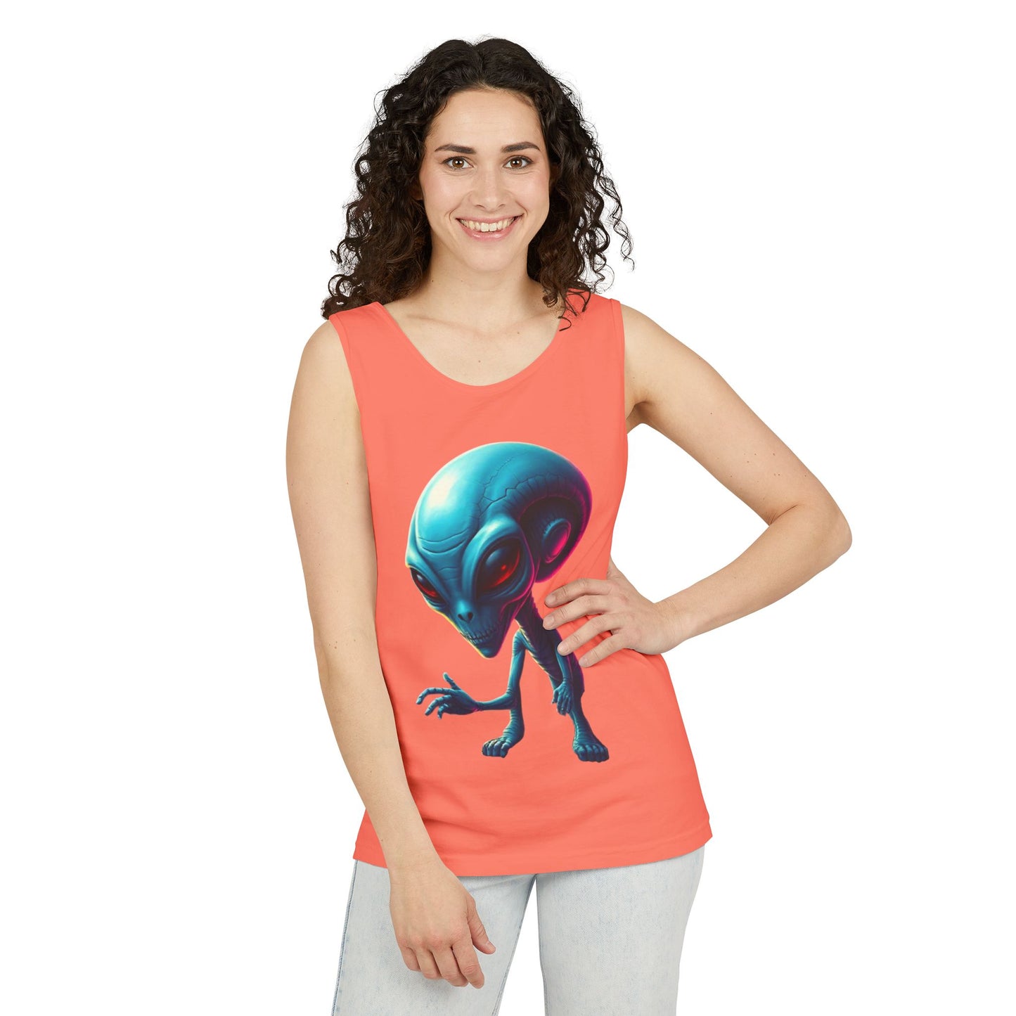 Alien Graphic Tank Top — Neon Blue Extraterrestrial Illustration