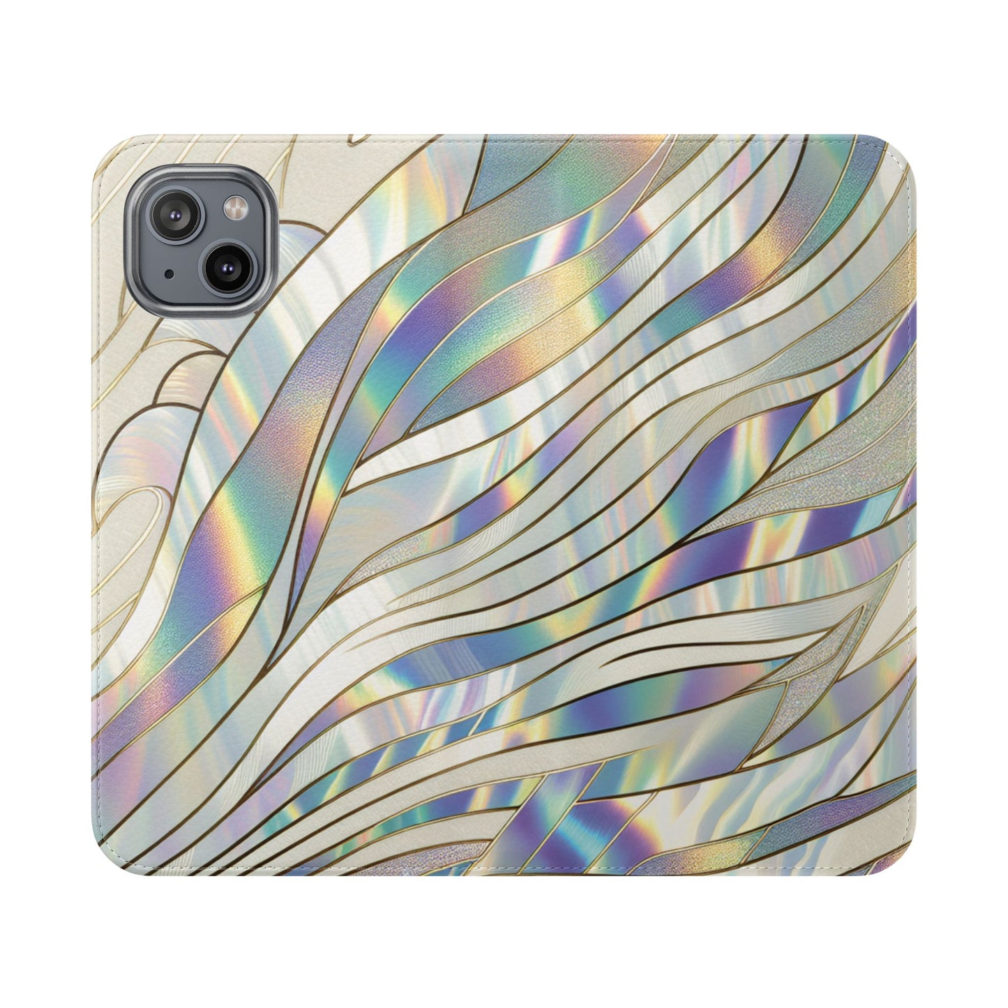 Holographic Wave Flip Phone Case — Iridescent Marble Wallet Cover