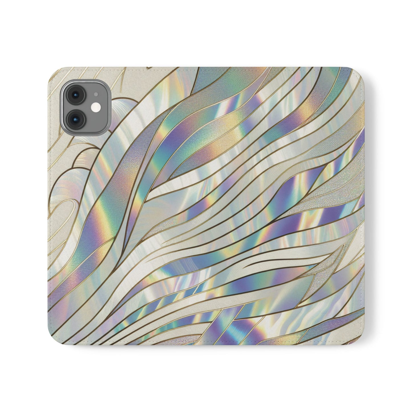 Holographic Wave Flip Phone Case — Iridescent Marble Wallet Cover