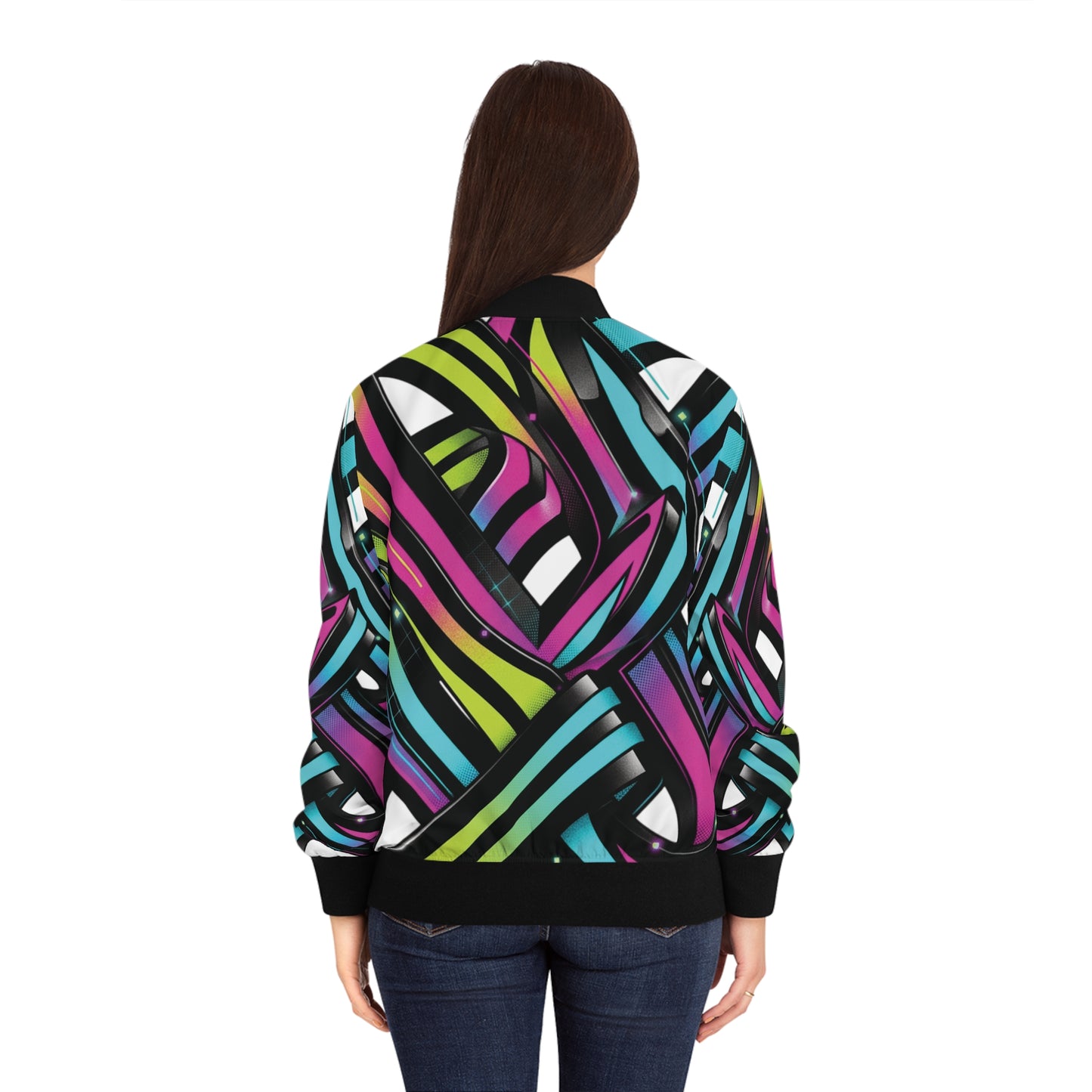 Neon Ribbon Women’s Bomber Jacket — Abstract Graffiti AOP