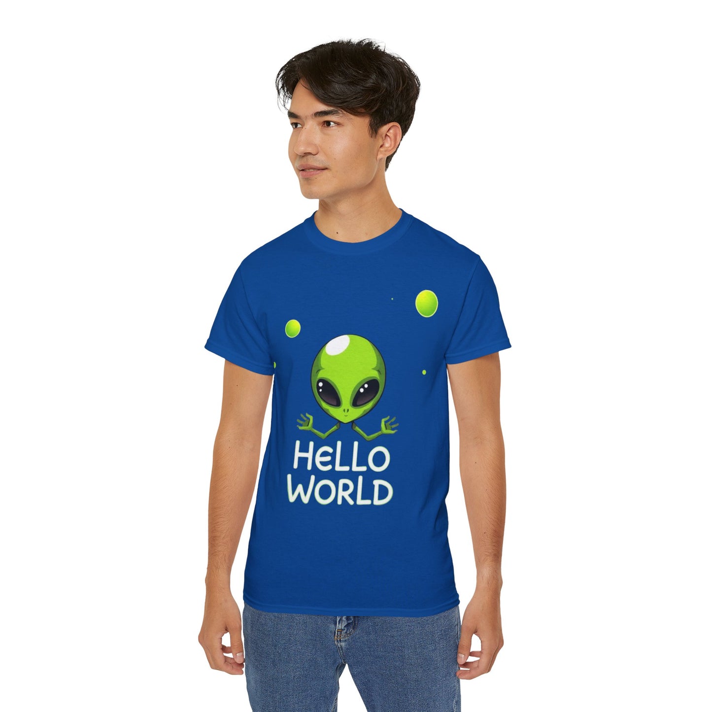Alien Graphic Tee – "Hello World" Cute Green Alien T‑Shirt