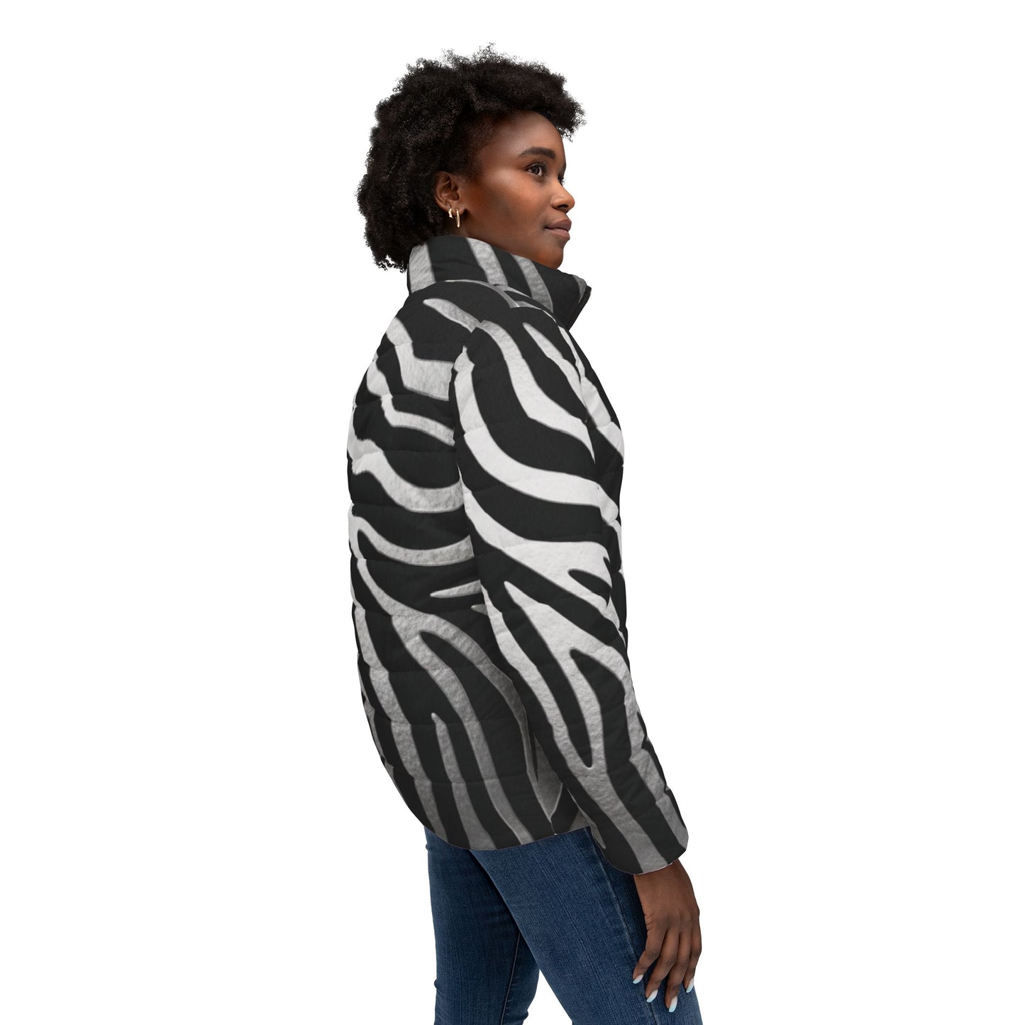 Zebra Print Women's Puffer Jacket – Bold Black & White Winter Coat