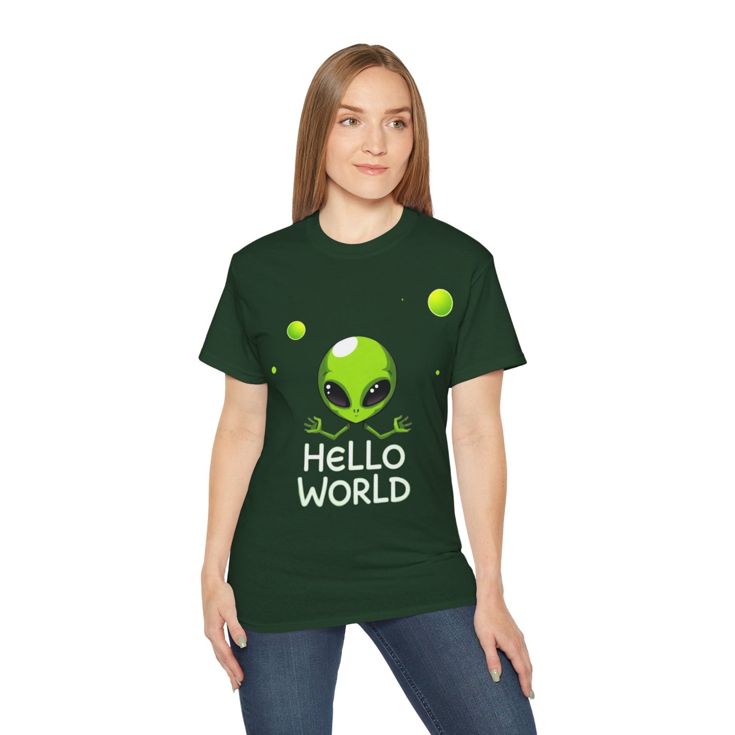 Alien Graphic Tee – "Hello World" Cute Green Alien T‑Shirt