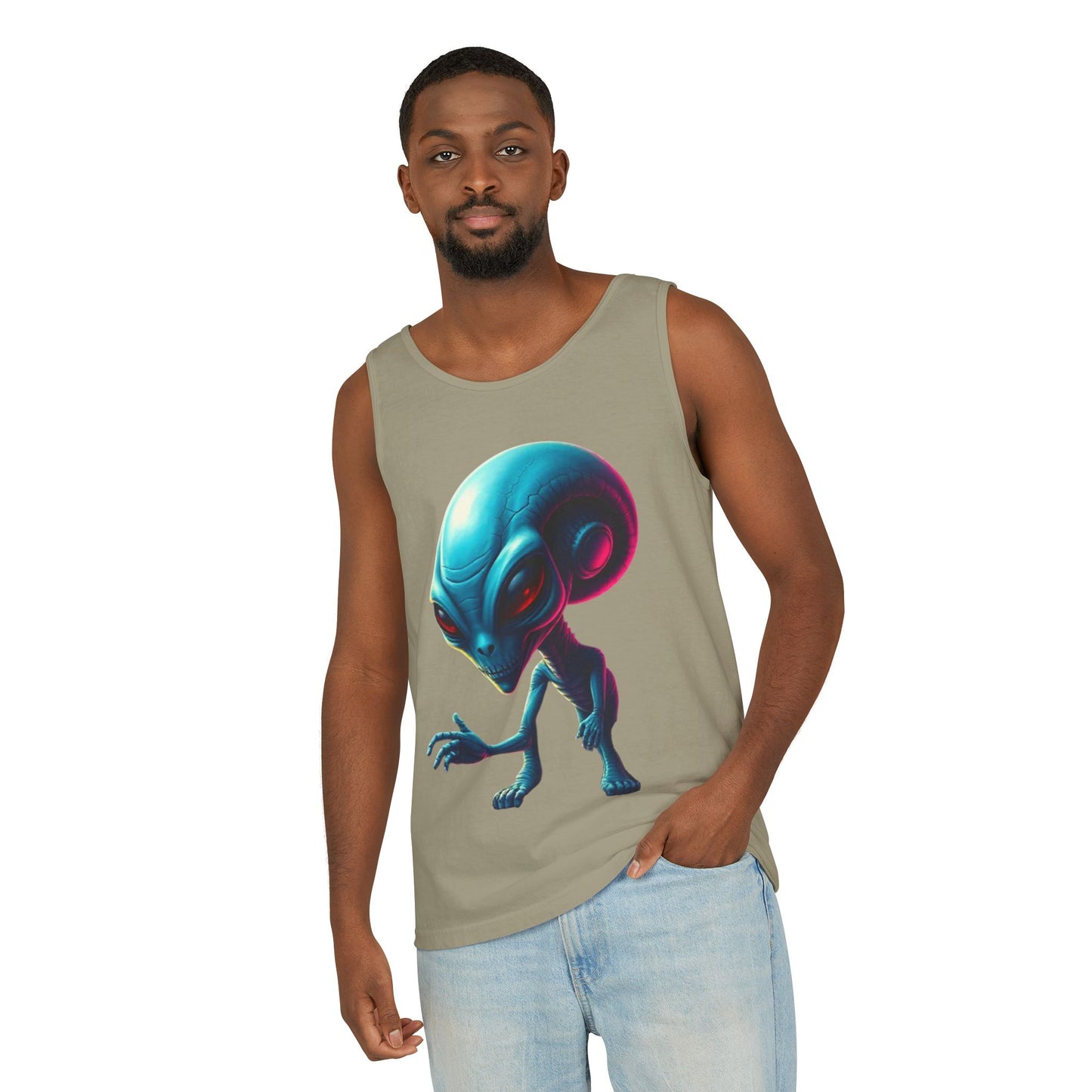 Alien Graphic Tank Top — Neon Blue Extraterrestrial Illustration