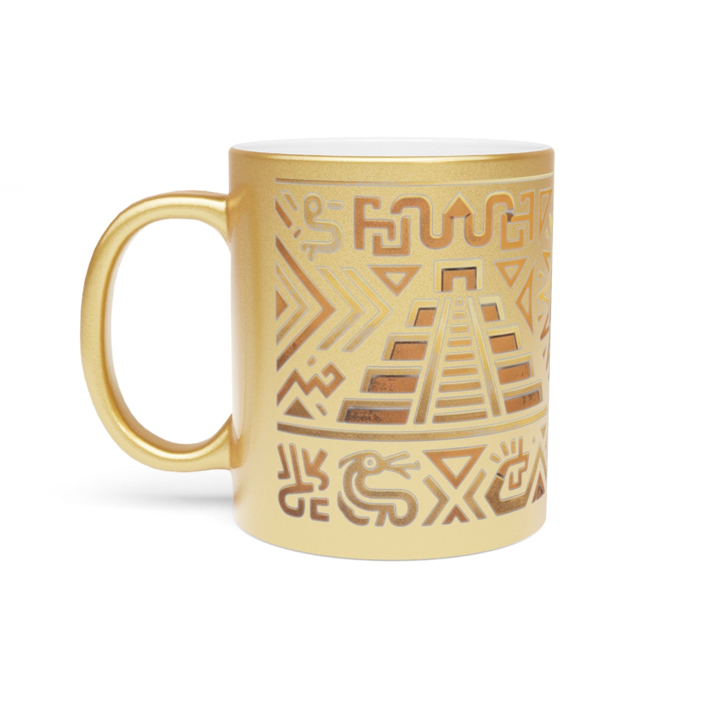 Aztec Sun Metallic Mug — Gold & Silver Tribal Ceramic Coffee Cup