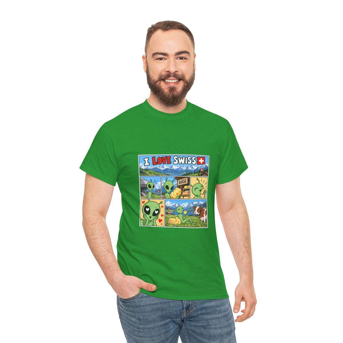 Swiss Comic T-Shirt mit Alien & Kuh – Schweiz Souvenir