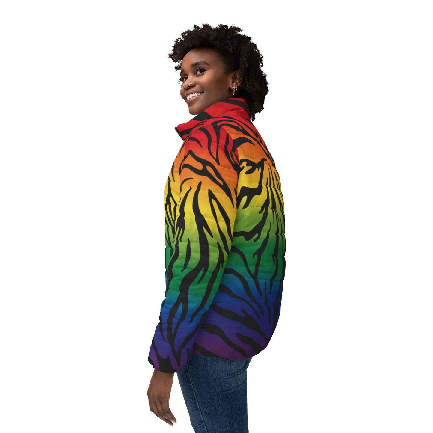 Rainbow Zebra Puffer Jacket — Bold Ombre Animal Print Women’s Coat