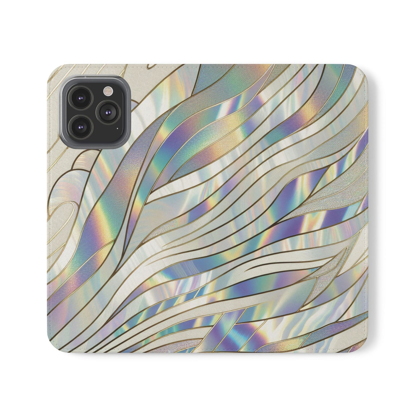 Holographic Wave Flip Phone Case — Iridescent Marble Wallet Cover