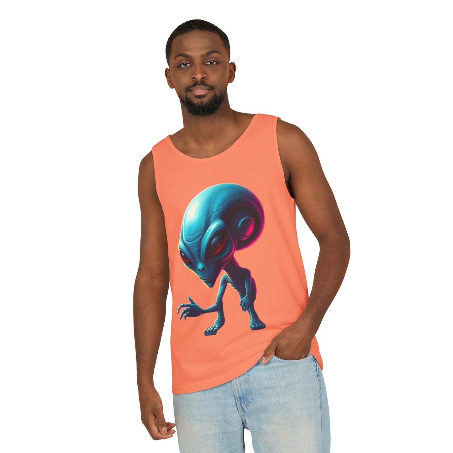 Alien Graphic Tank Top — Neon Blue Extraterrestrial Illustration