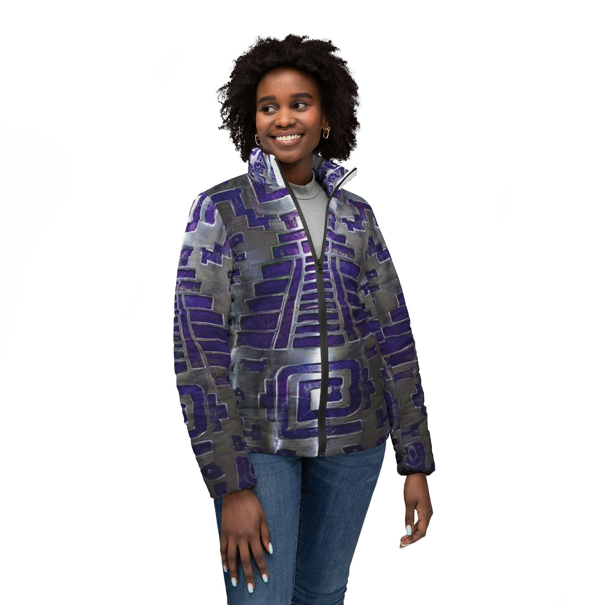 Damen-Steppjacke mit geometrischem Muster in Violett