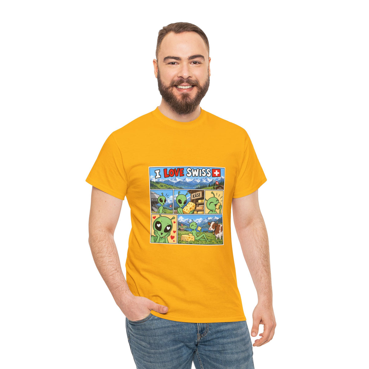 Swiss Comic T-Shirt mit Alien & Kuh – Schweiz Souvenir