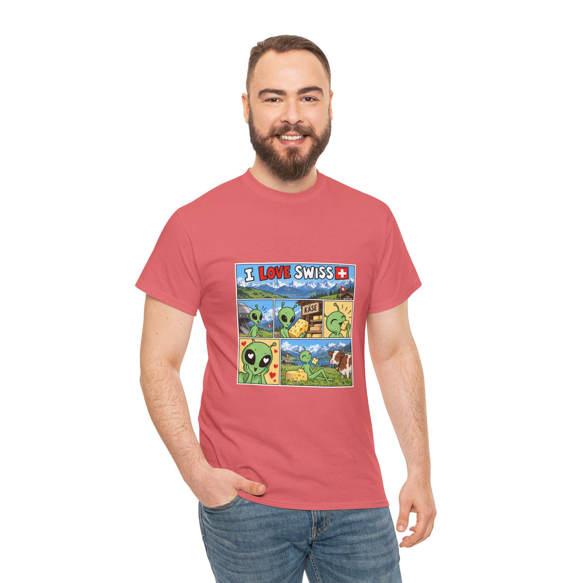 Swiss Comic T-Shirt mit Alien & Kuh – Schweiz Souvenir