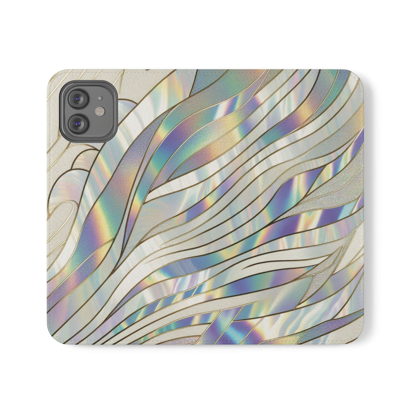 Holographic Wave Flip Phone Case — Iridescent Marble Wallet Cover