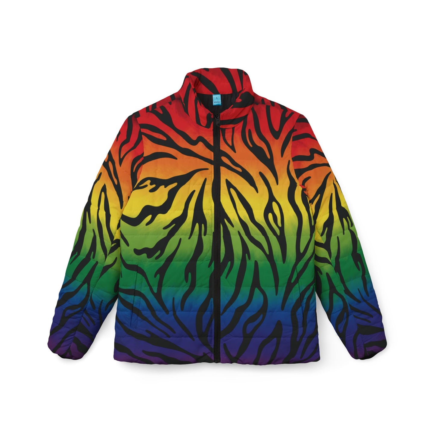 Rainbow Zebra Puffer Jacket — Bold Ombre Animal Print Women’s Coat