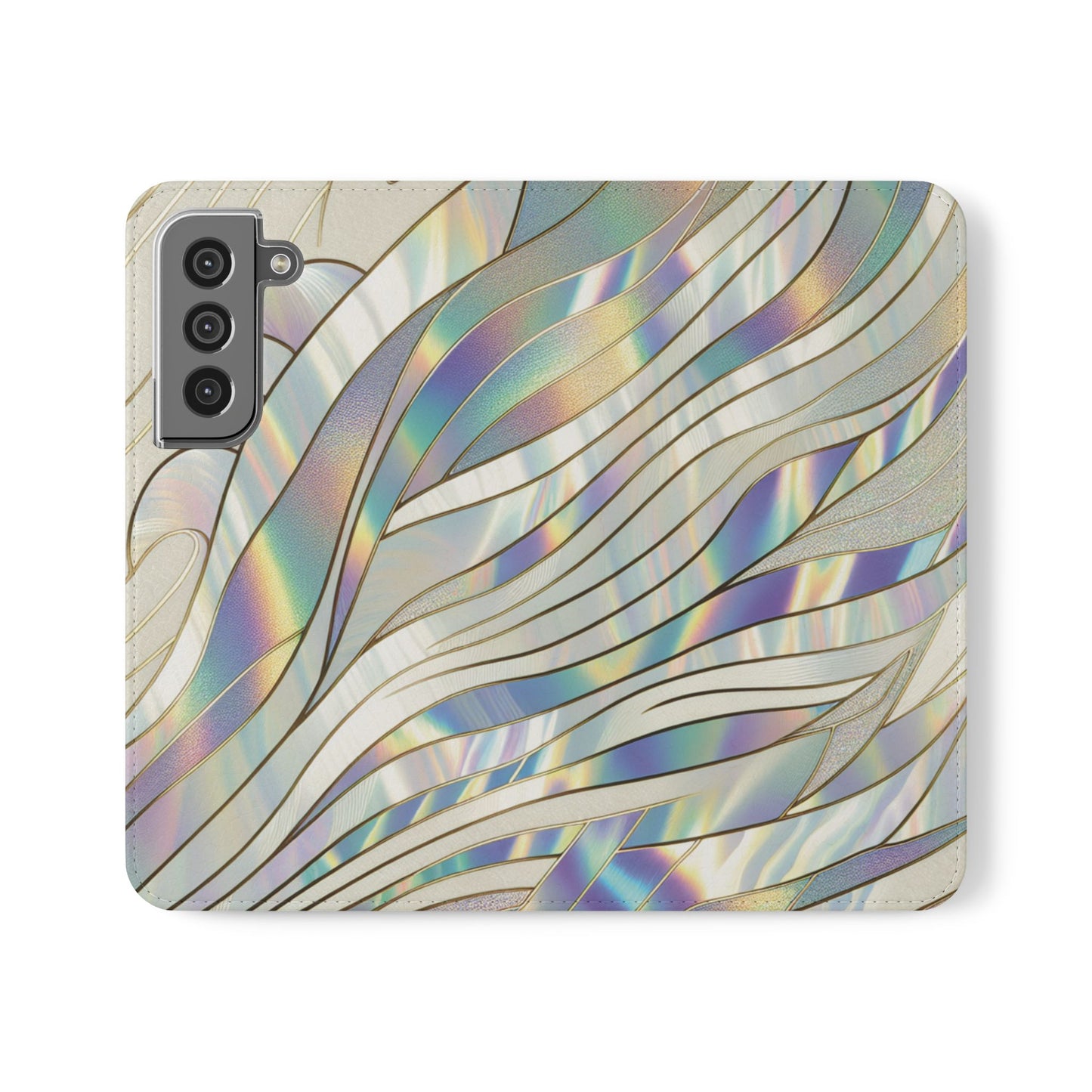 Holographic Wave Flip Phone Case — Iridescent Marble Wallet Cover