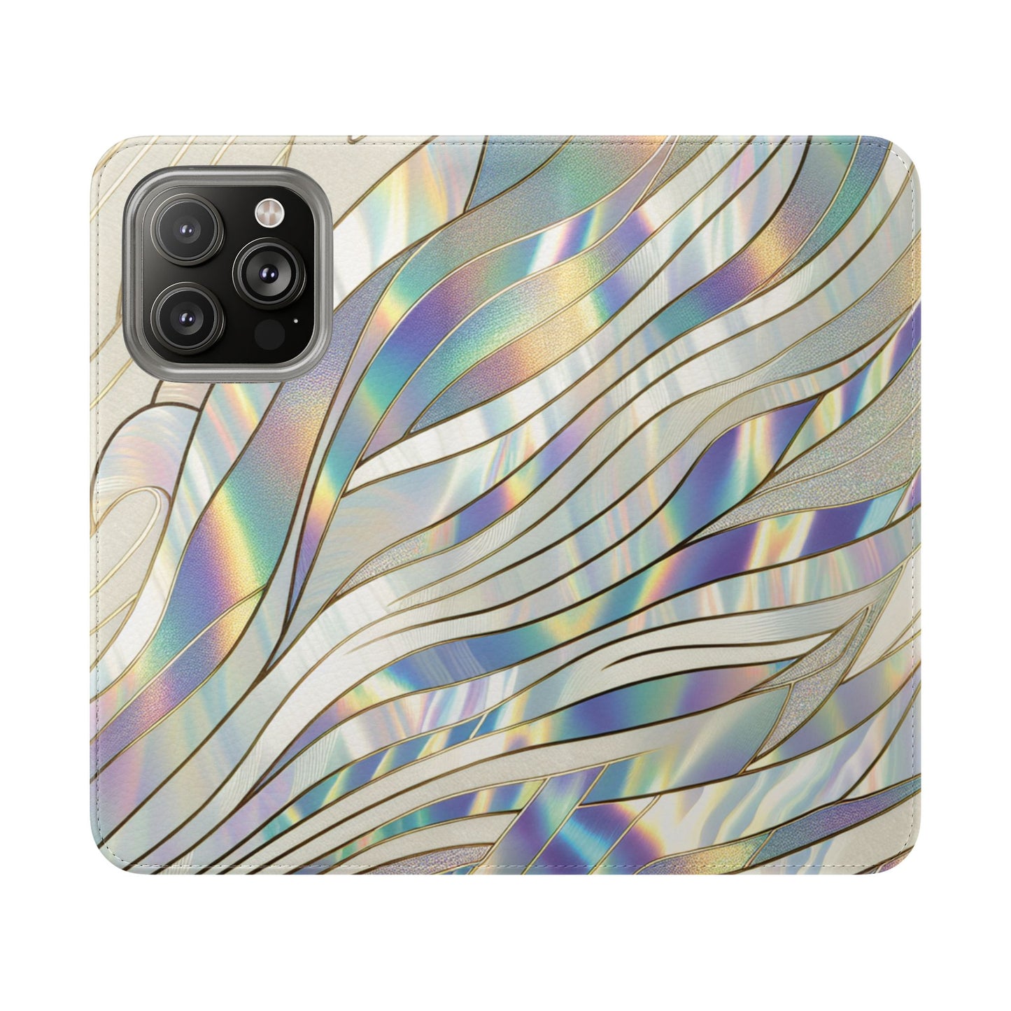 Holographic Wave Flip Phone Case — Iridescent Marble Wallet Cover