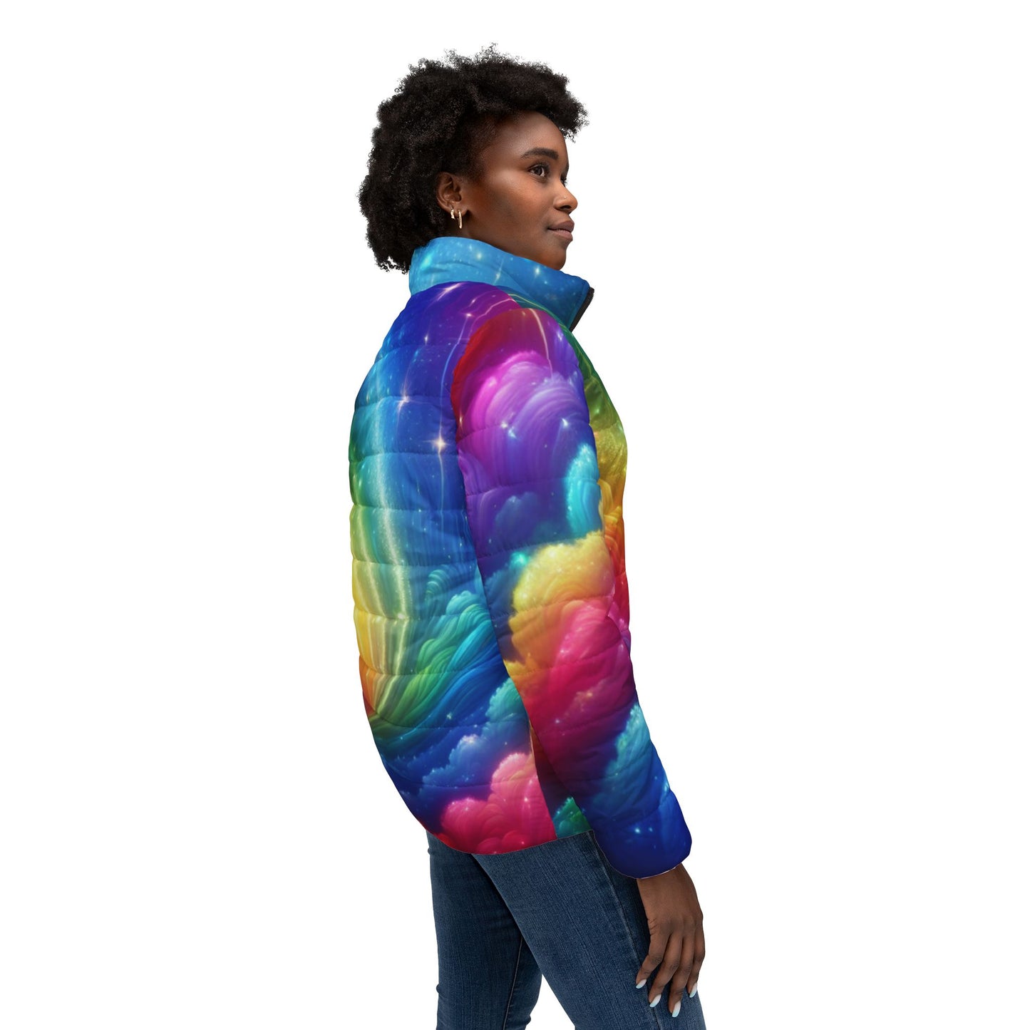Women’s Rainbow Galaxy Puffer Jacket — Colorful Swirl All-Over Print