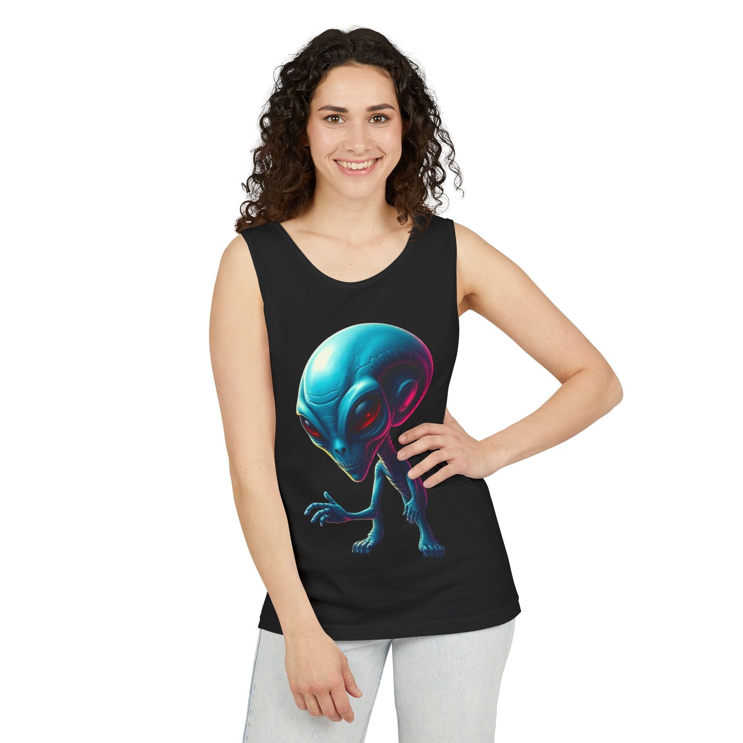 Alien Graphic Tank Top — Neon Blue Extraterrestrial Illustration