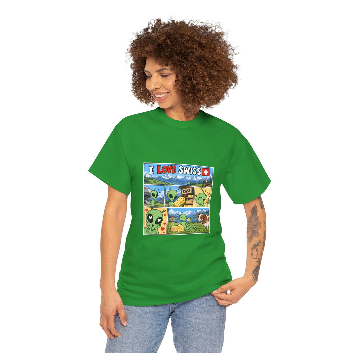 Swiss Comic T-Shirt mit Alien & Kuh – Schweiz Souvenir