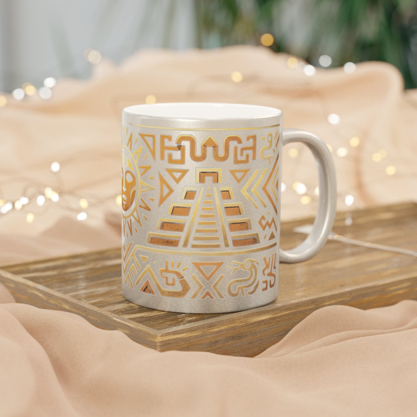 Aztec Sun Metallic Mug — Gold & Silver Tribal Ceramic Coffee Cup