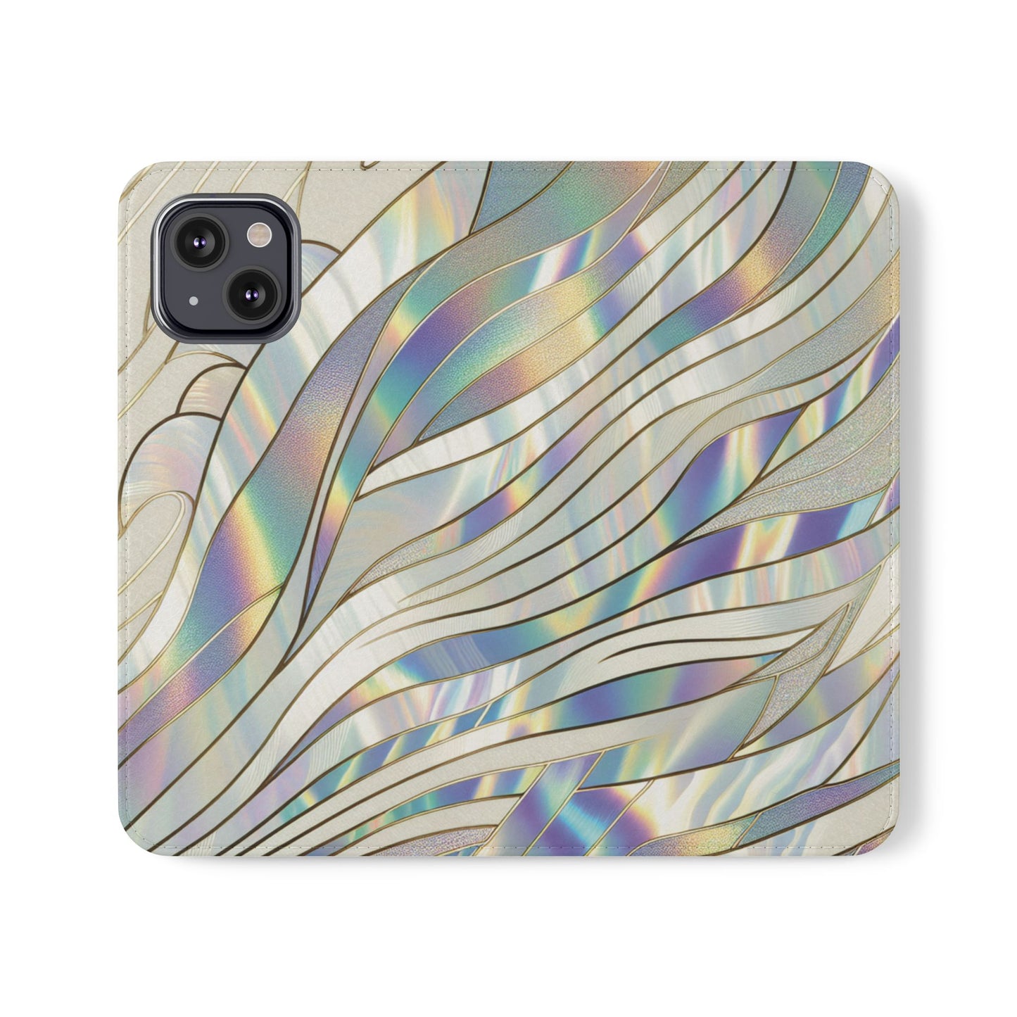 Holographic Wave Flip Phone Case — Iridescent Marble Wallet Cover
