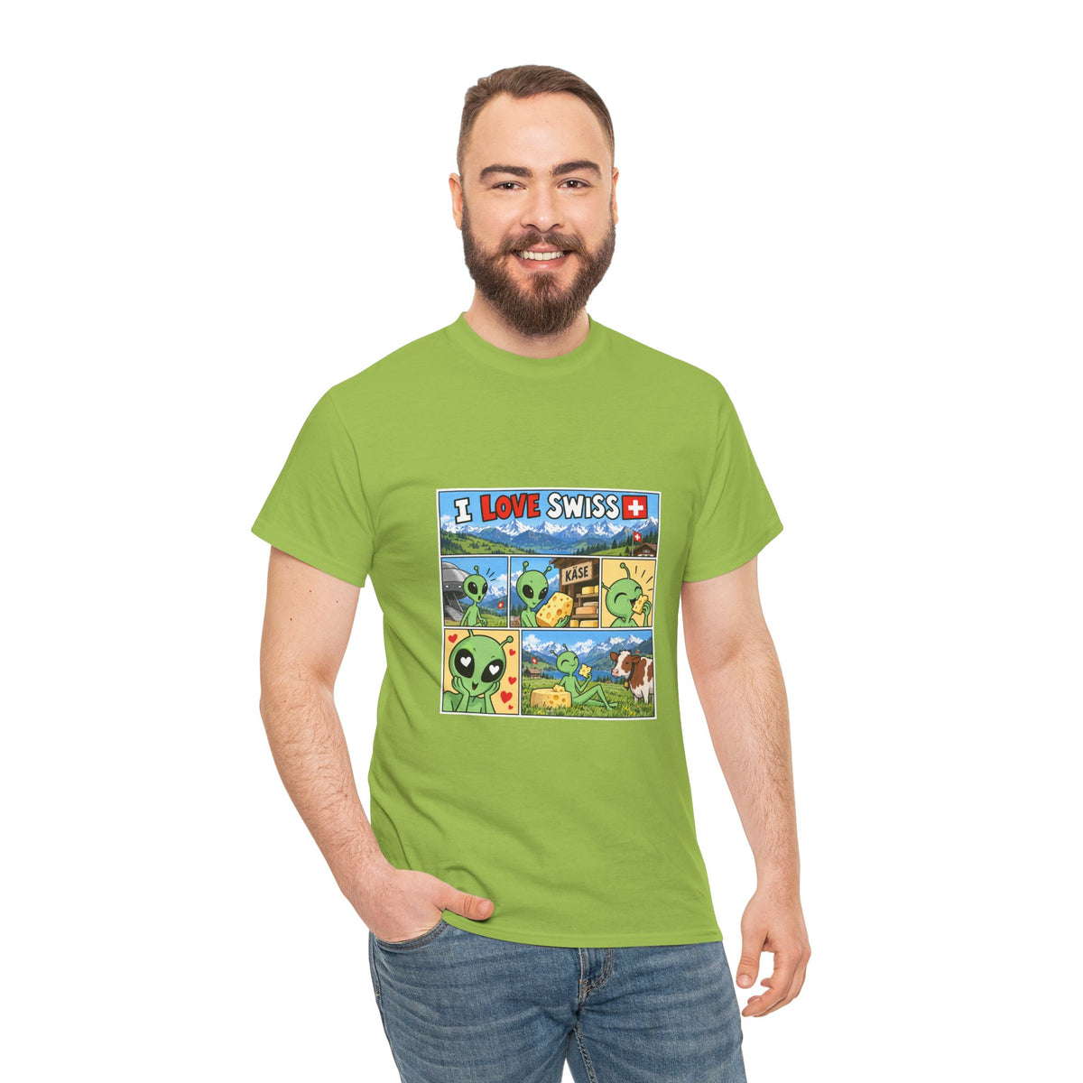 Swiss Comic T-Shirt mit Alien & Kuh – Schweiz Souvenir