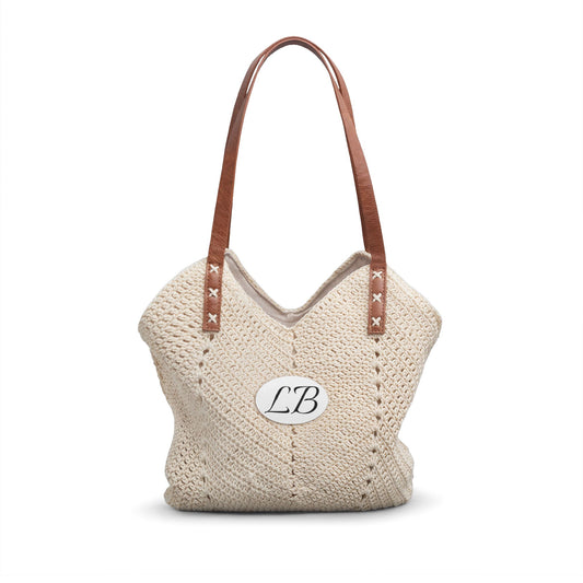 Straw Shoulder Bag — Boho Crochet Tote with Leather Straps (Monogram Option)